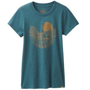 Prana Deep Balsam Heather Teal Crewneck Tee with Rust Print Adventure